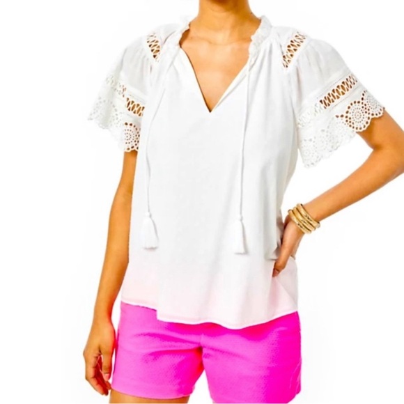Lilly Pulitzer Candee Women's White Cotton Top Cottagecore Coastal Grandma Sz M - Picture 2 of 9